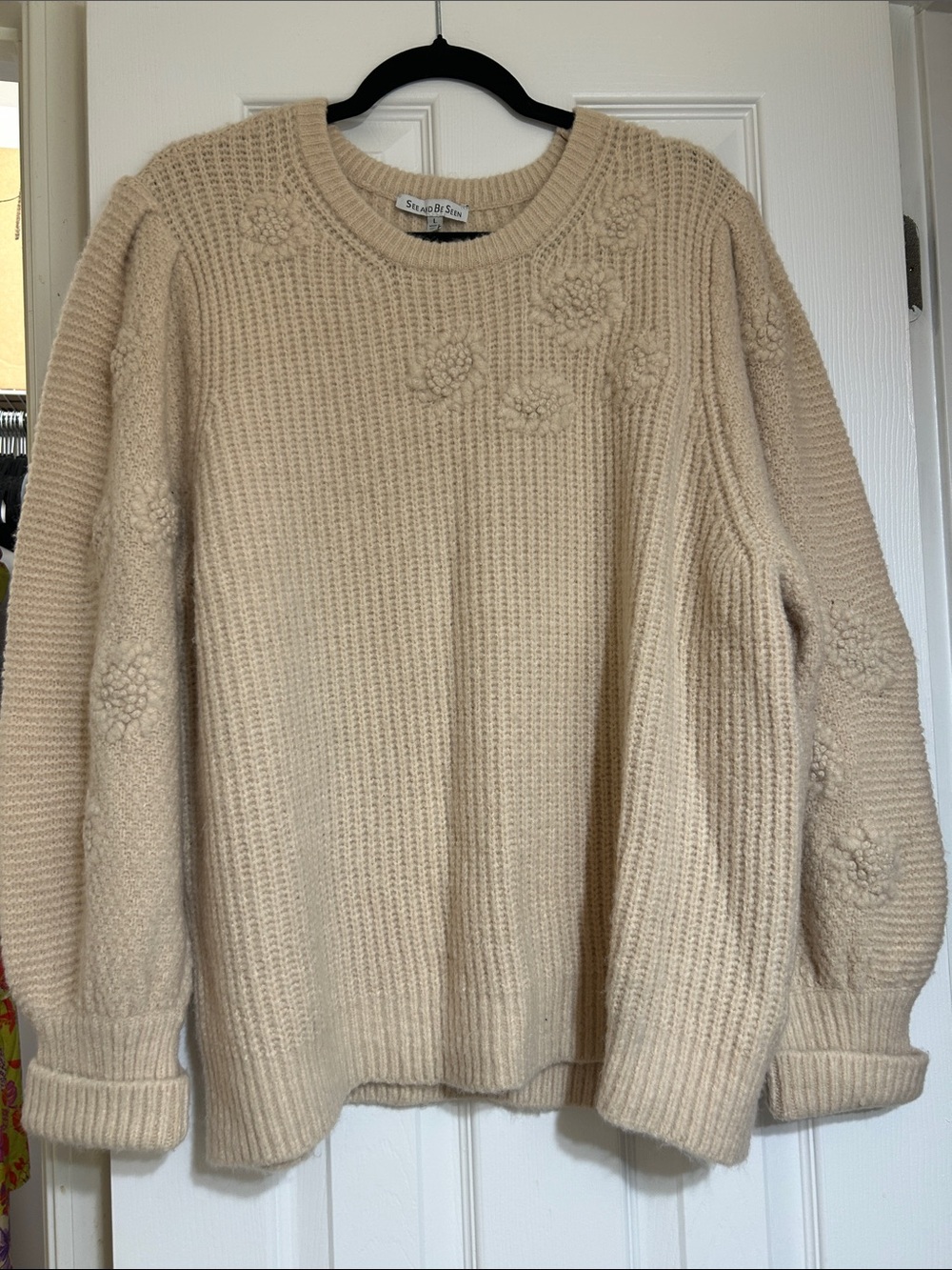 Soft Cream Crewneck Sweater with Floral Knit Detail — St. John & Co.